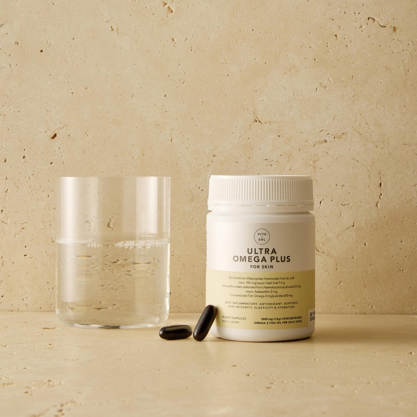 Vita Sol Ultra Omega Plus omega-3 skin health supplement styled product shot UK
