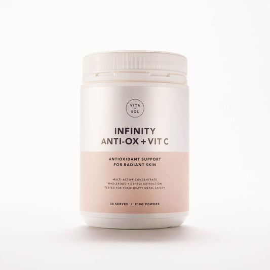 Vita Sol Infinity Anti-Ox and Vitamin C powder packshot - antioxidant skin radiance supplement UK
