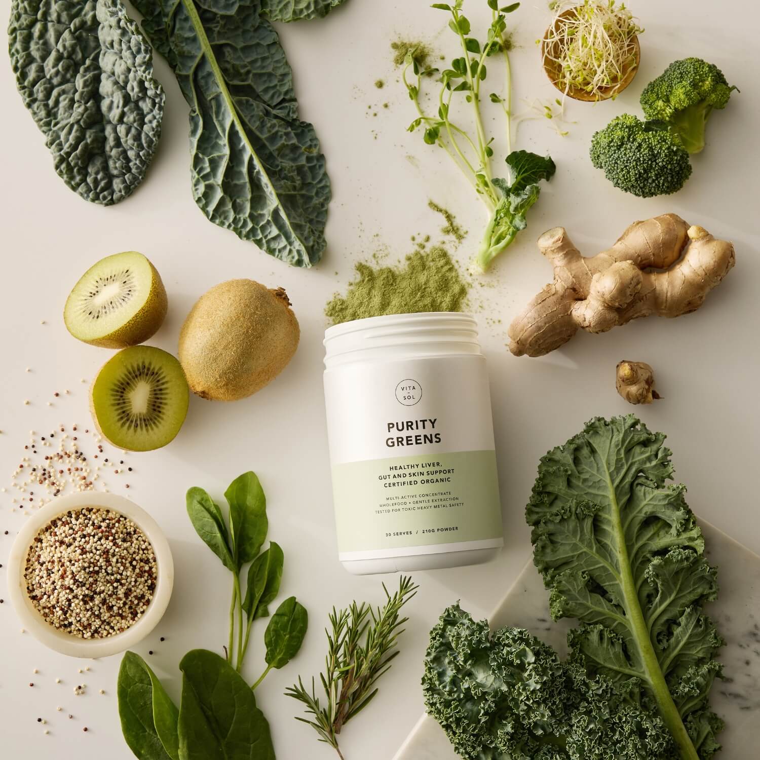 Vita Sol Purity Greens organic wholefood ingredients - liver gut and skin support supplement UK