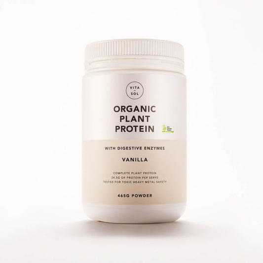 Vita Sol Organic Plant Protein vanilla flavour powder packshot - wholefood protein supplement UK